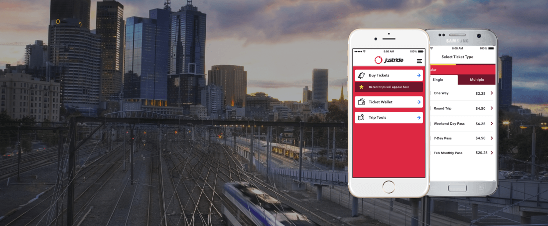 ity landscape with skyscrapers showing a train heading into the city and a but stop with a smartphone showing the Justride app