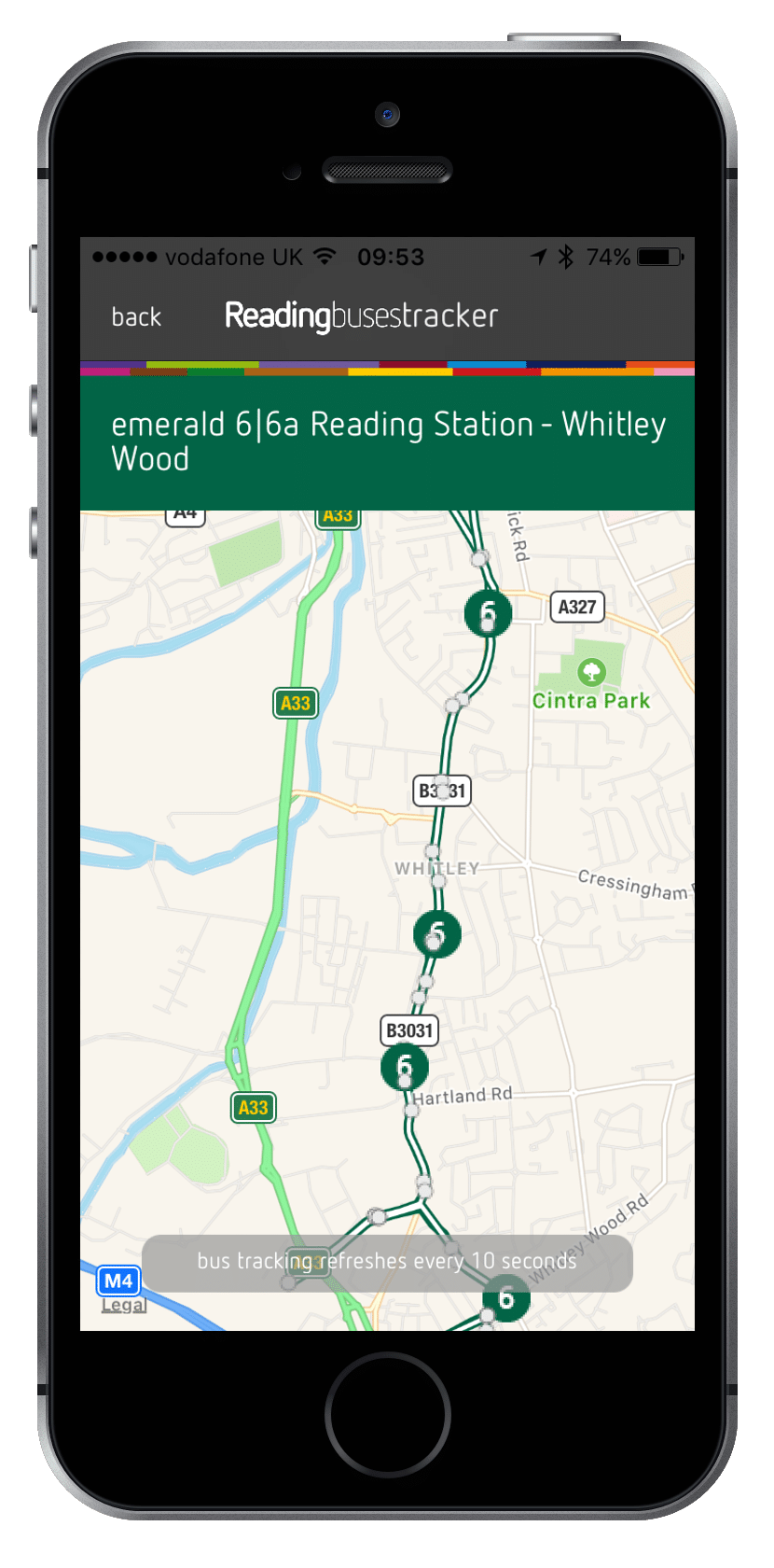 Live bus tracking in BusCMS’ Reading Buses app for iOS