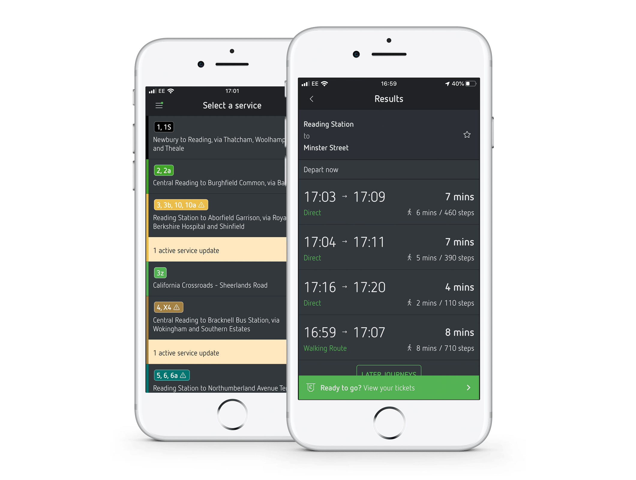 Passenger's new app Dark Mode shown on the Reading Buses iOS app