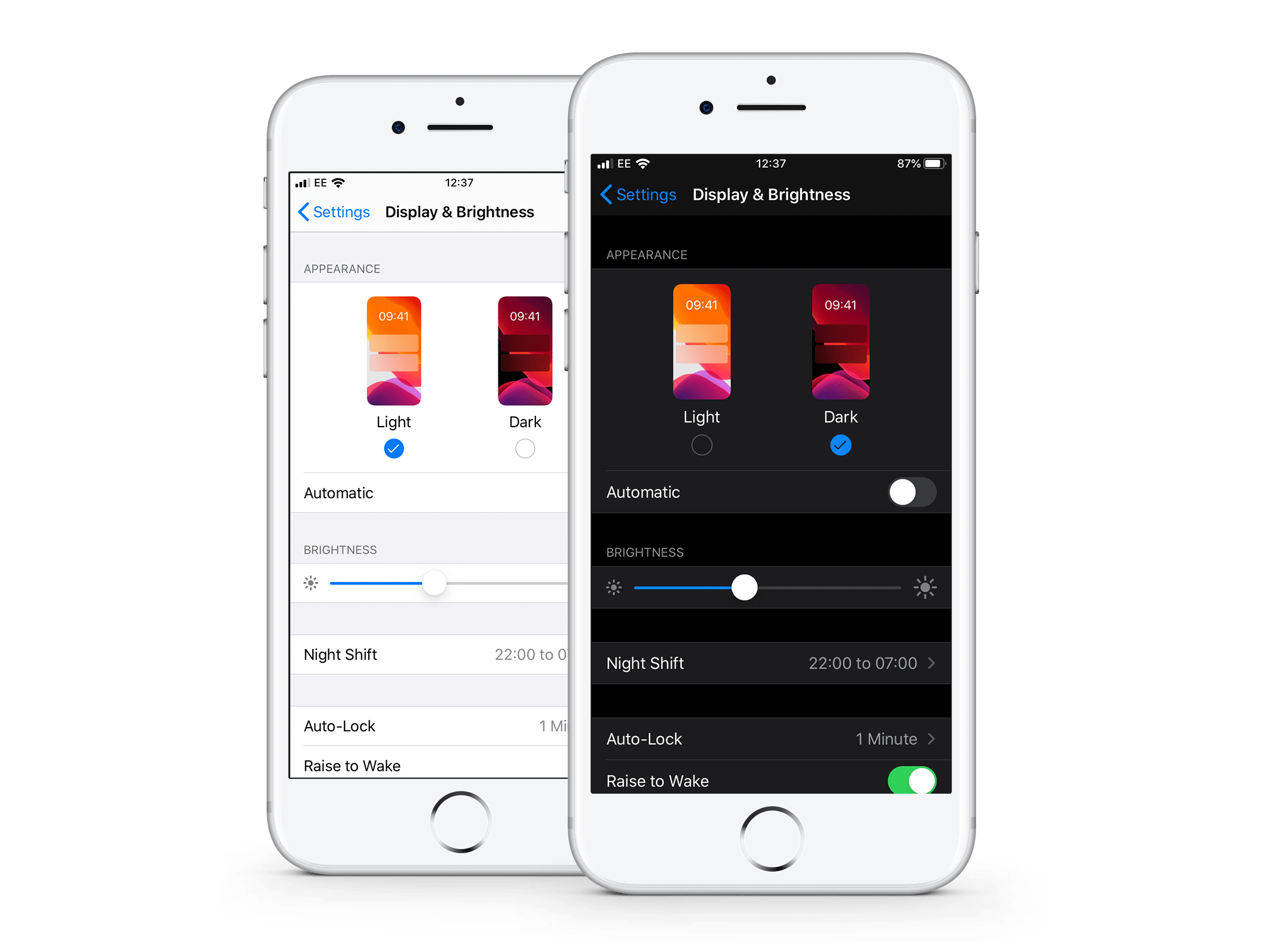 iOS 13 settings screen showing Dark Mode