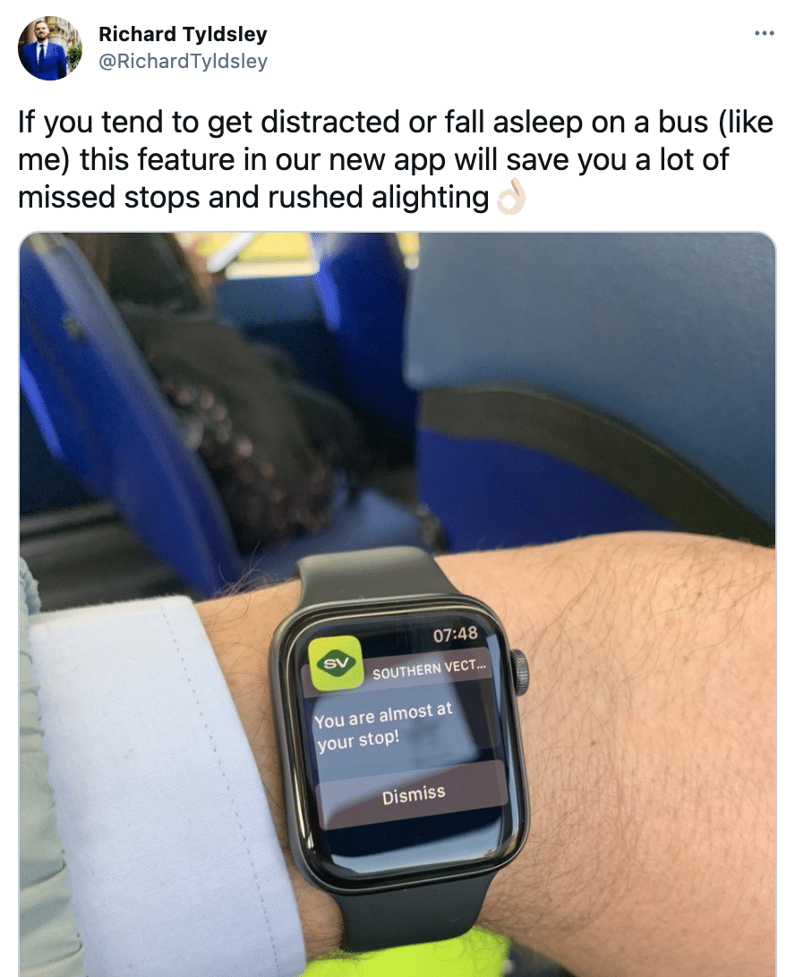 Tweet showing stop notifications on a Apple Watch