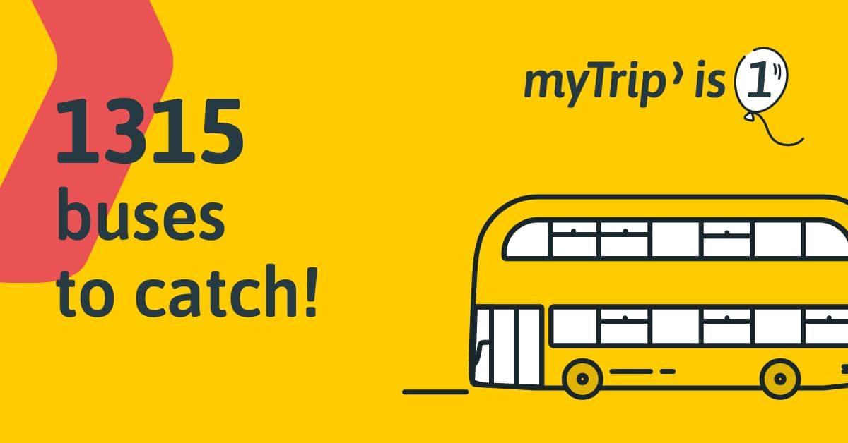 Illustration of a double decker bus with the the text "1315 buses to catch!"