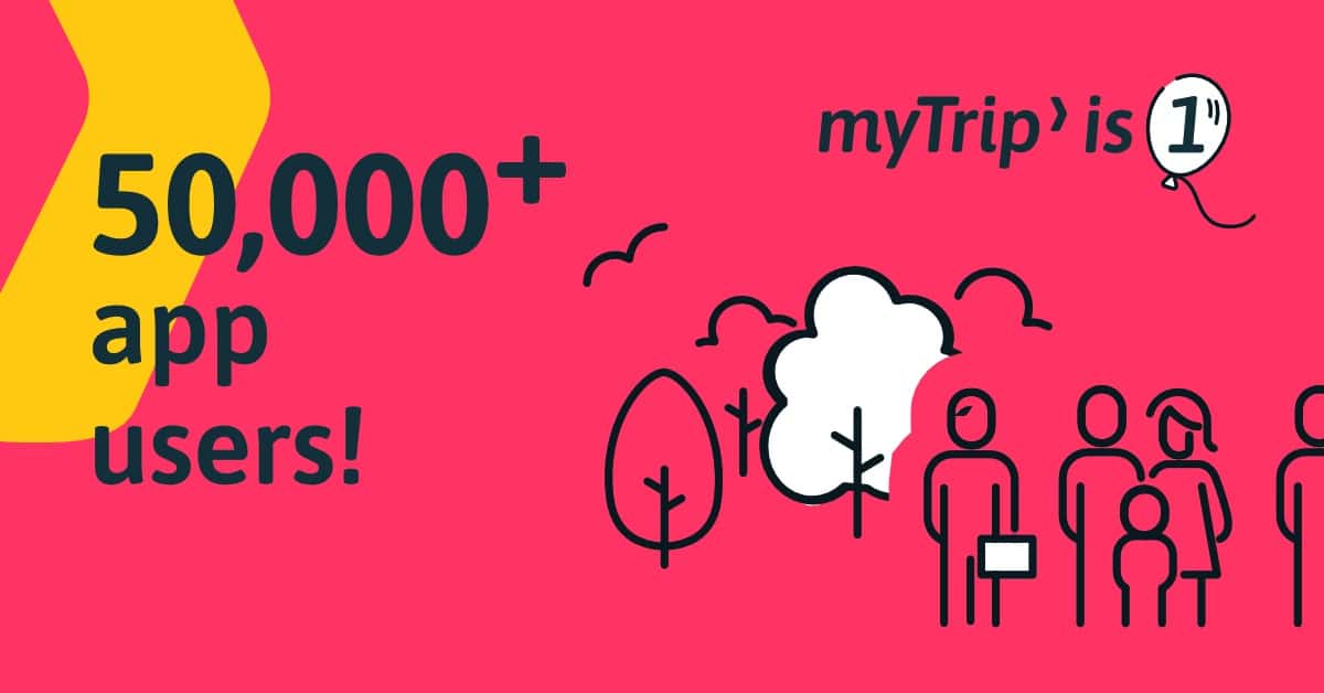 Illustration of a group of people standing by trees with the the text "50,000+ app users!"