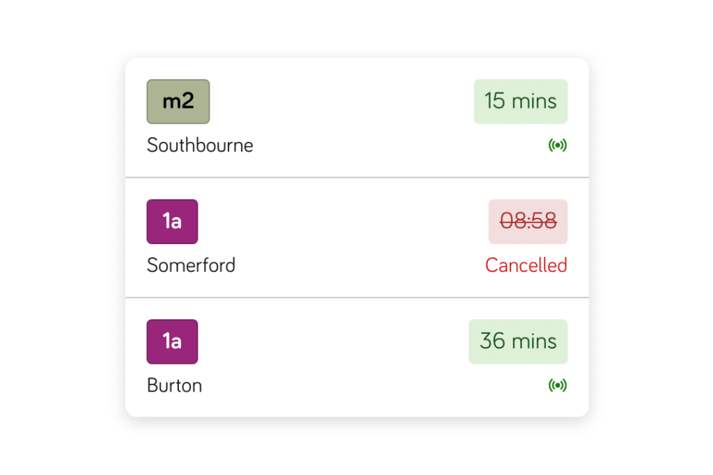 The 0858 Service 1a has been cancelled in Passenger Cloud and is showing on an app departure board with the scheduled time struck out, coloured red and displaying with the word ‘Cancelled’