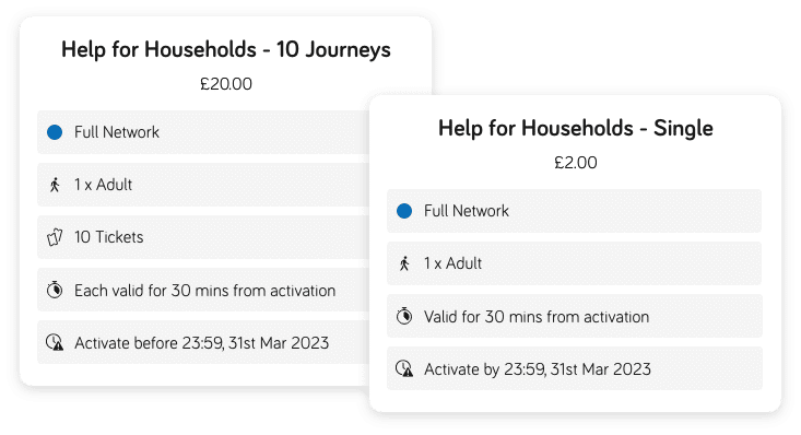 Screens of new ticket capability, including information about when the tickets must be activated by.
