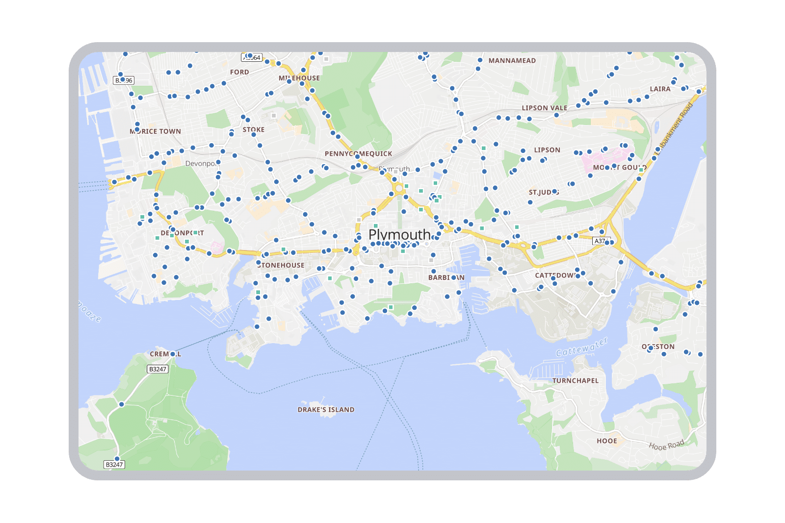 A map of the Plymouth City bus area, showing bus stops in blue and Beryl bay locations in green