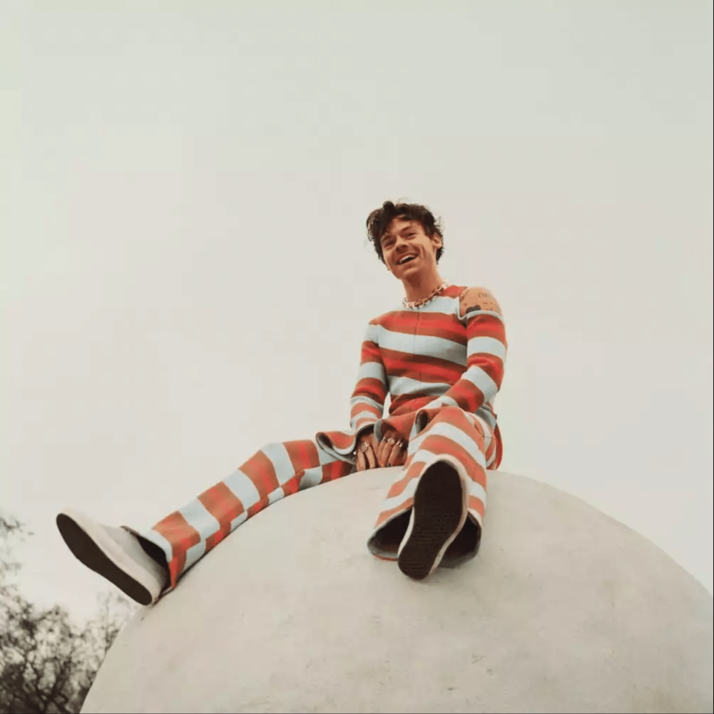 Musician Harry Styles sitting on top of a giant inflatable ball
