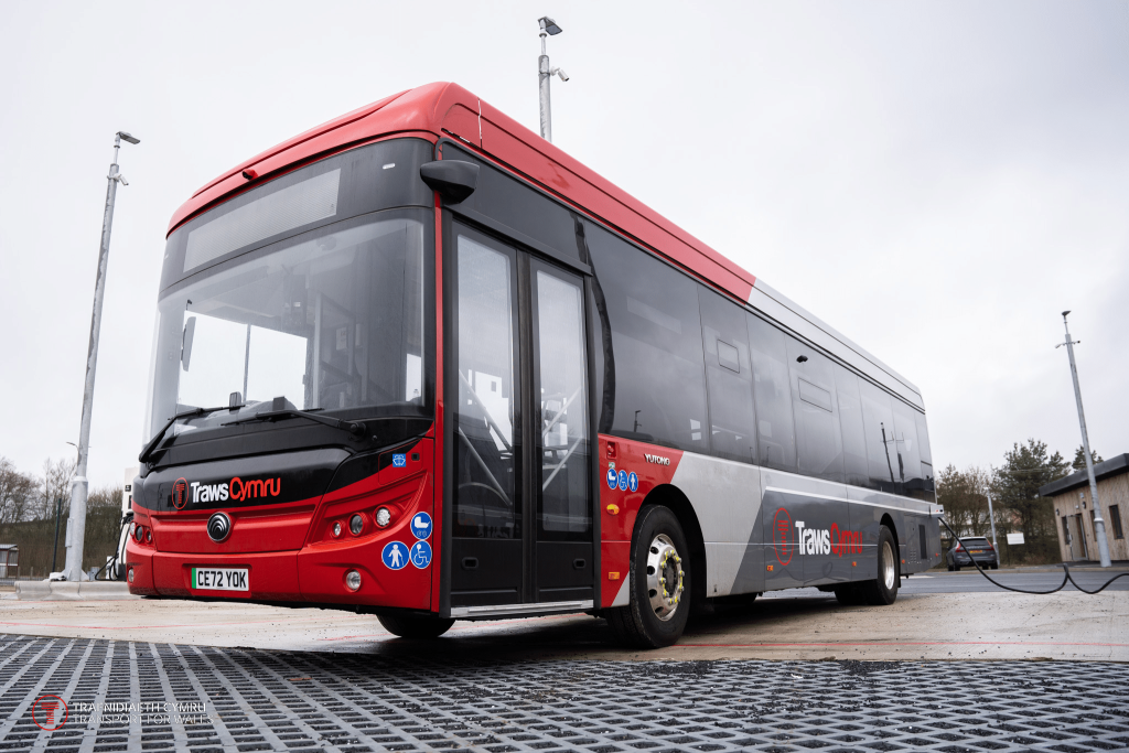 A red and silver Yutong E12 operated by TrawsCymru