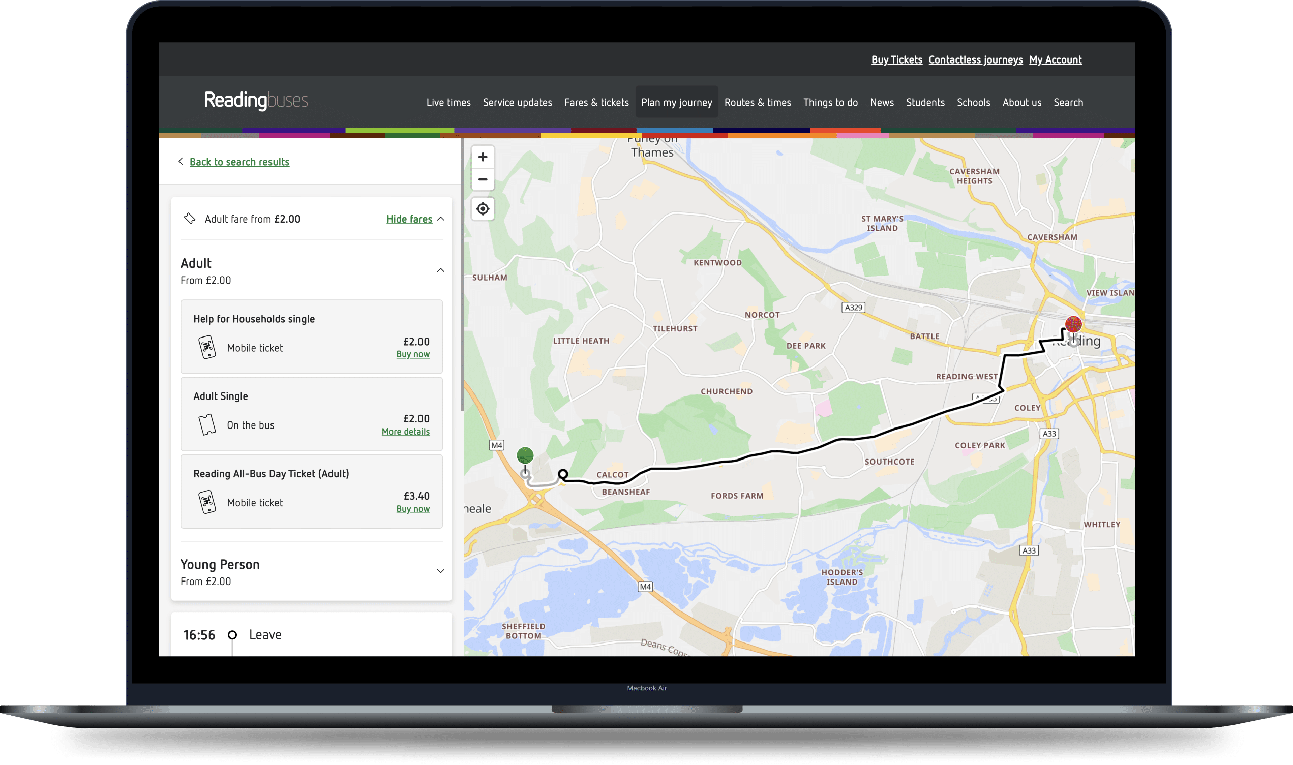 Reading Buses website showing the new Fares in Journey Planner capability