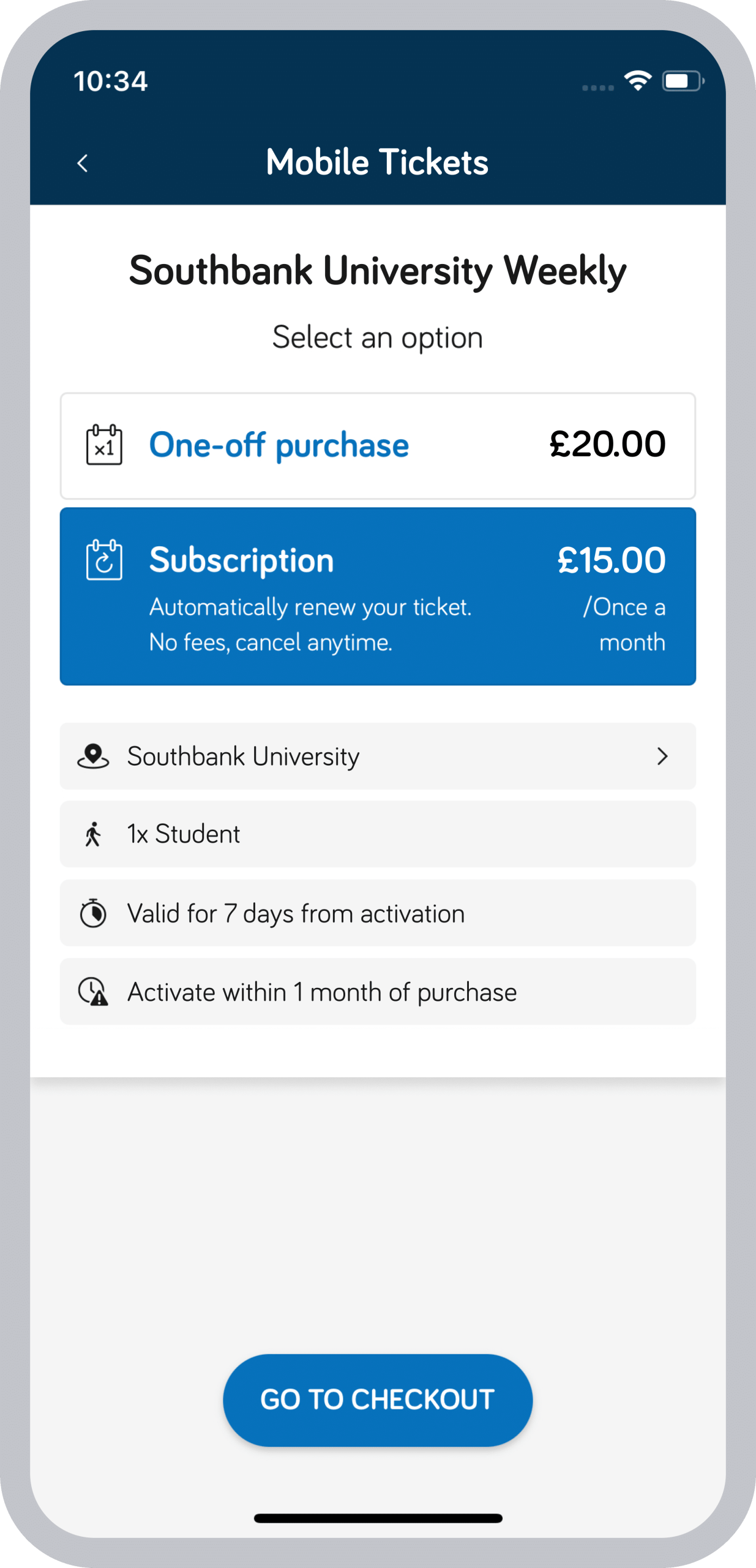 App screen showing ticket subscription option in the checkout flow.