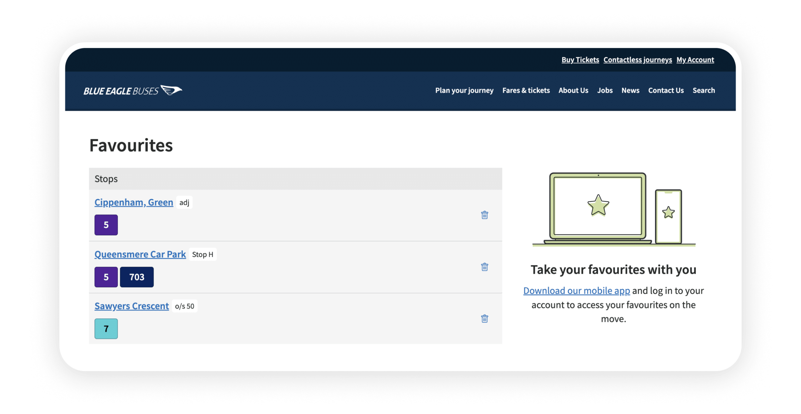 Blue Eagle Buses website shows favourite stops, and an option to sync these to the Blue Eagle Buses mobile app