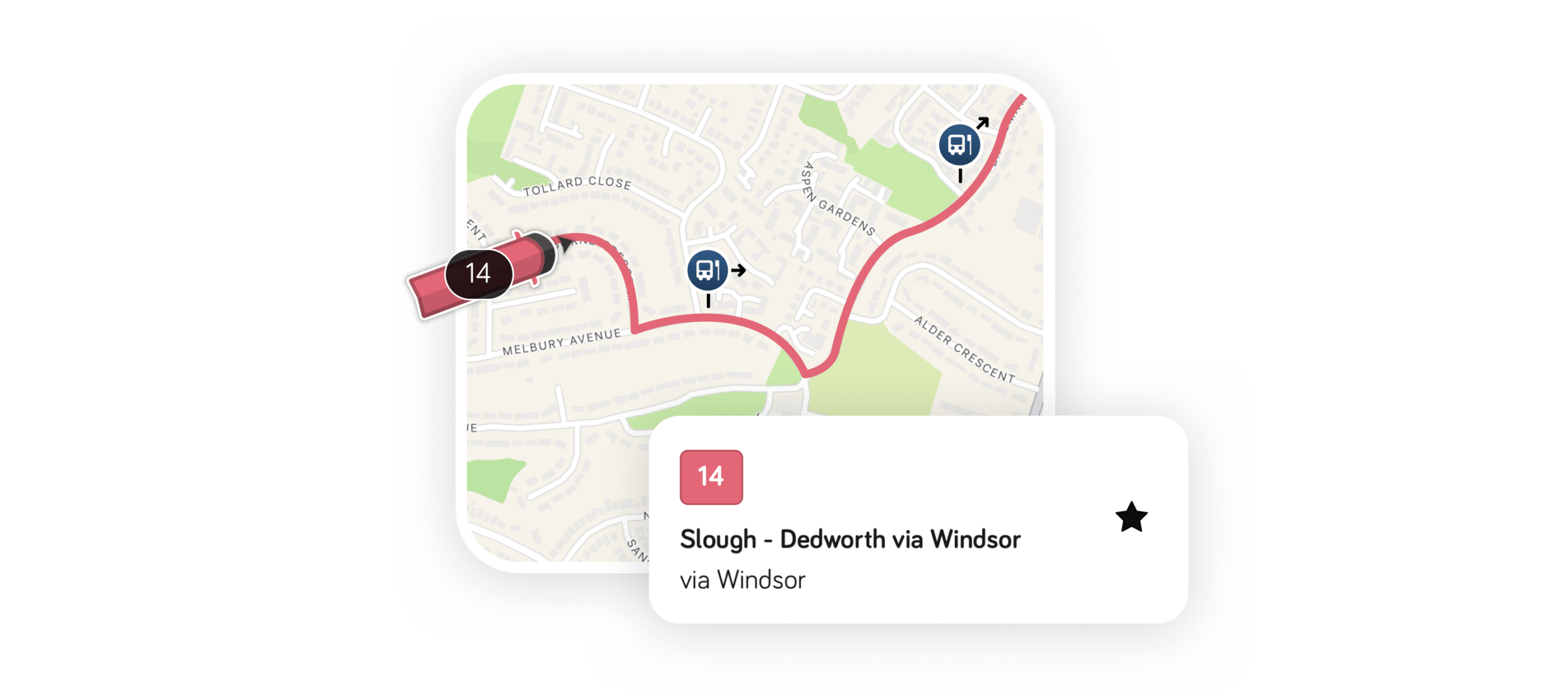 Illustration showing live bus tracking, with the route favourited