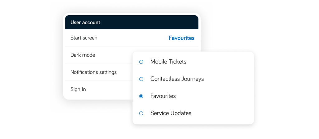 App settings showing Favourites selected as the start screen