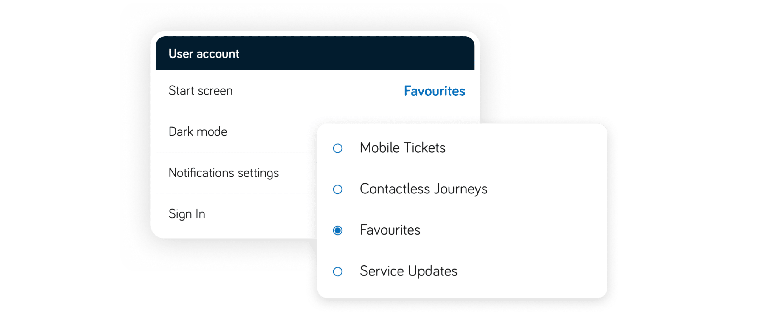 App settings showing Favourites selected as the start screen