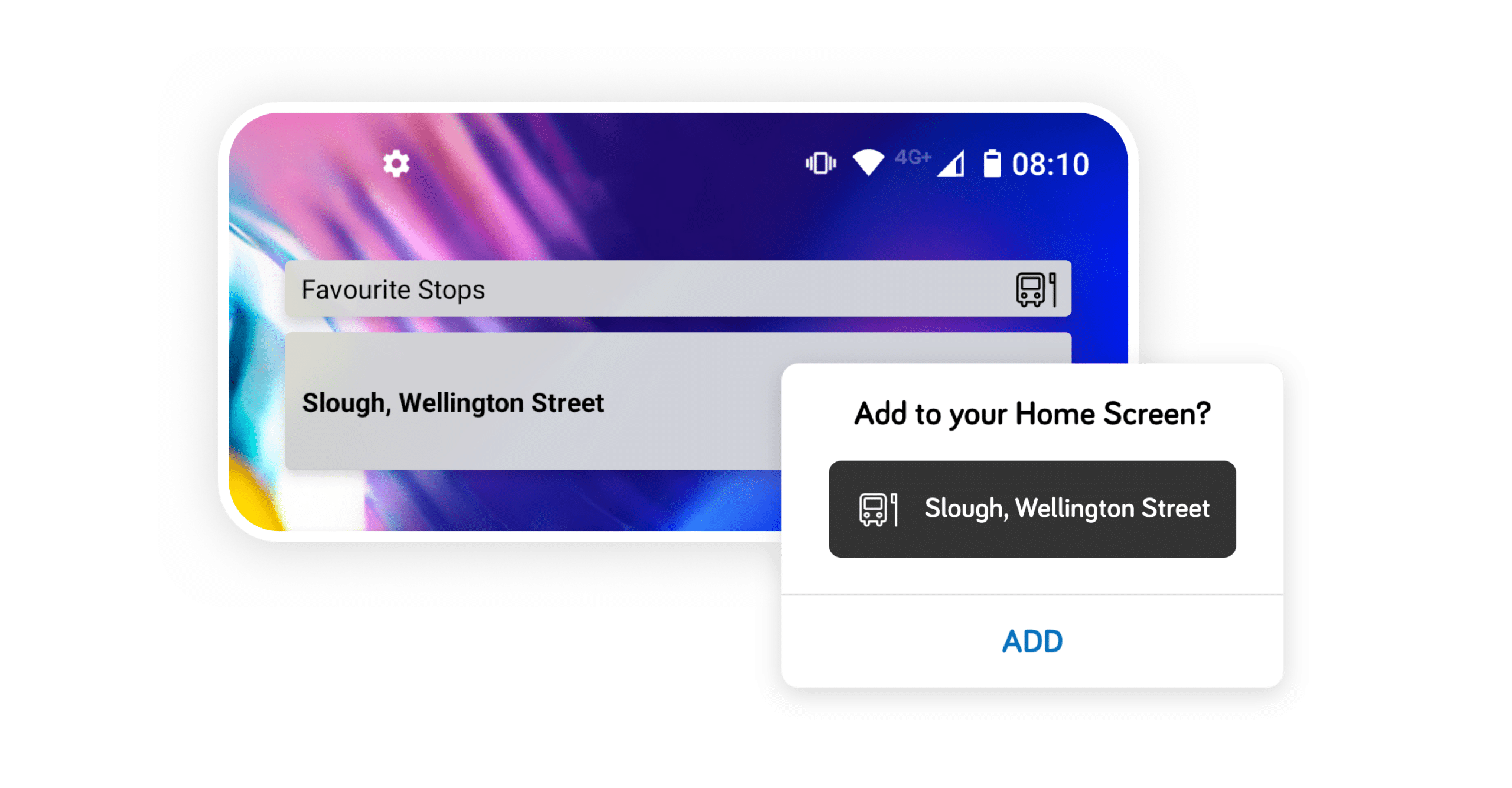 Illustration showing a favourite bus stop widget in action, and a button to add it to the device home screen